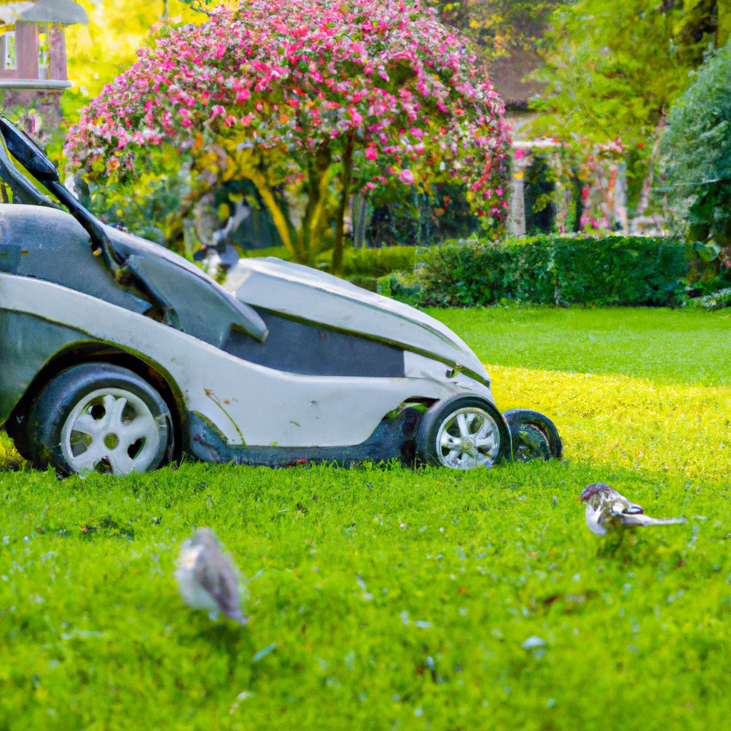 Stille elektrische grasmaaier in Belgische stadstuin bij ochtendlicht
